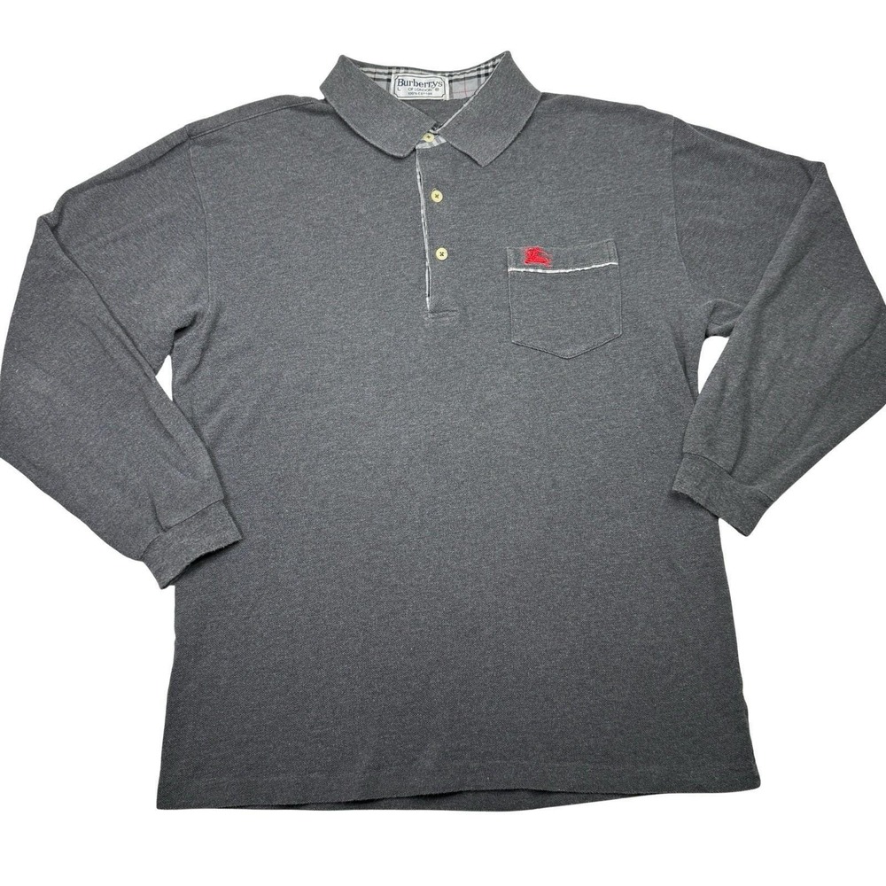Vintage Burberrys of London Polo Shirt M Gray‎ Nova Check Collar Knight Logo 90s